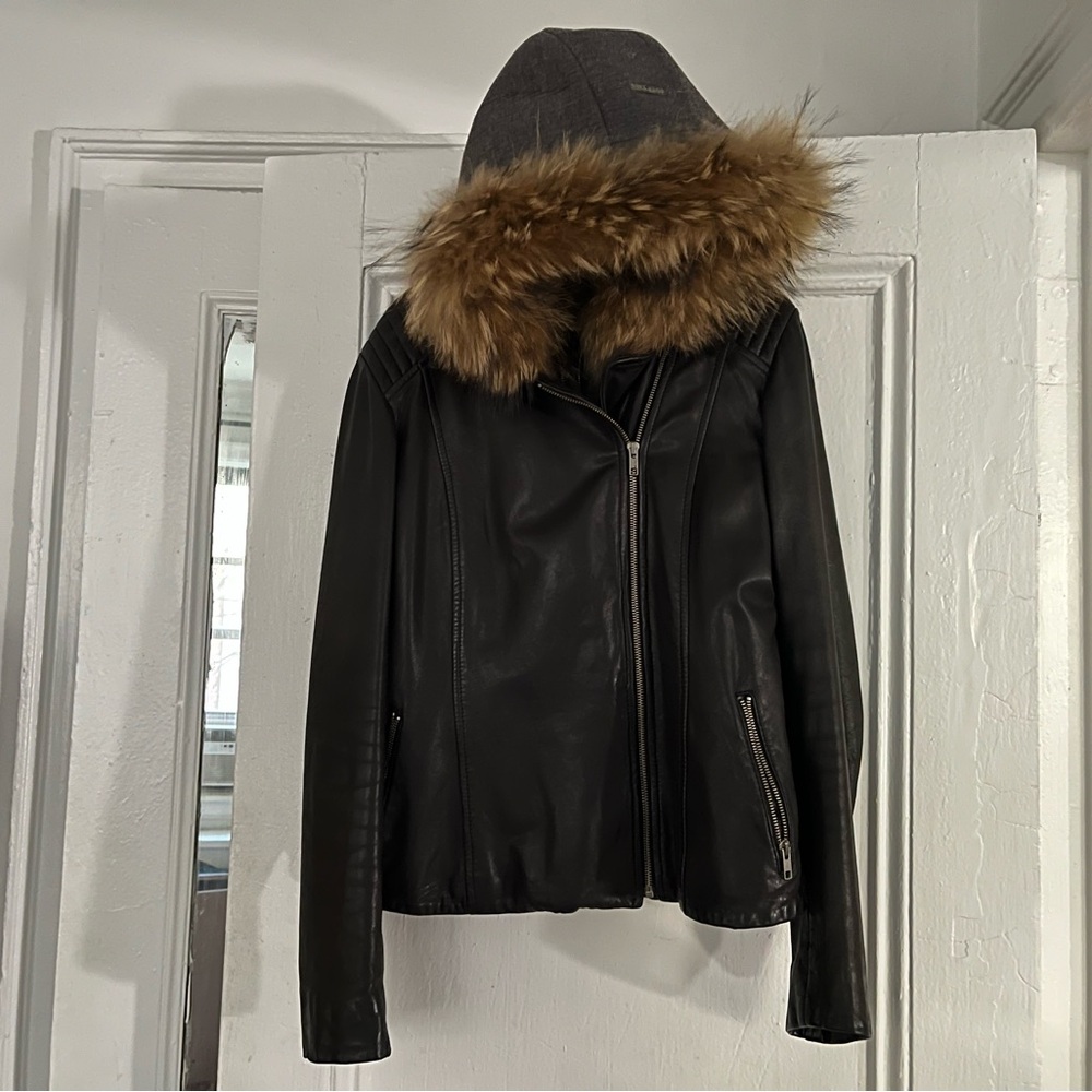 Women's Black Leather Jacket with Racoon Fur Hood